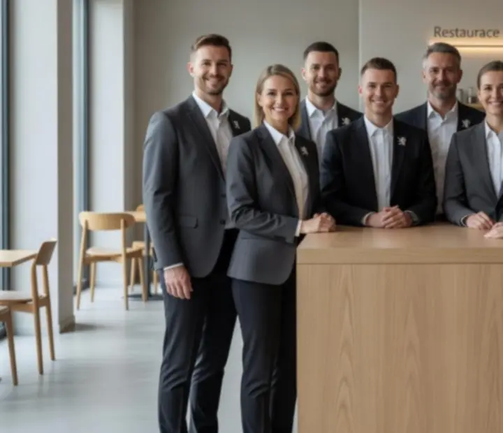 Přátelský tým personálu restaurace Vltavera vítající hosty.