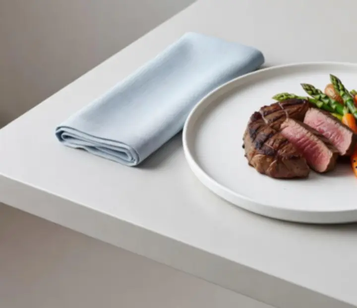 Servírovaný steak jako hlavní chod v restauraci Vltavera