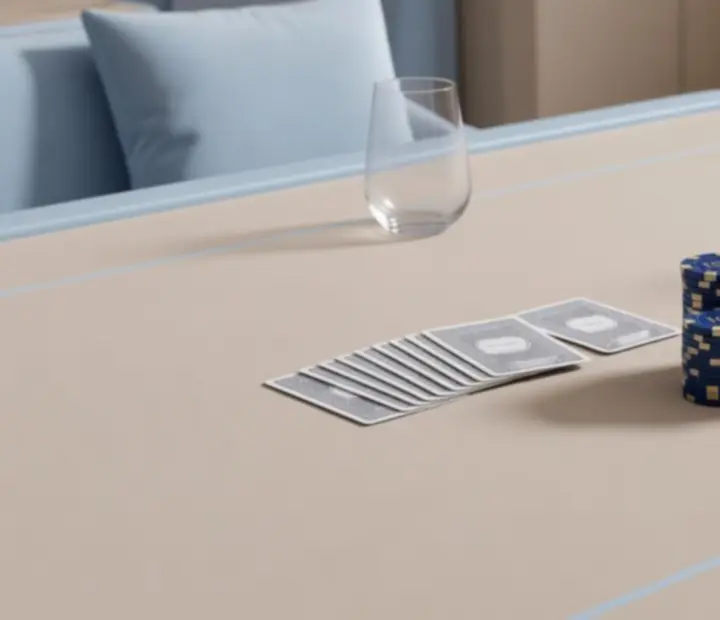 Detail moderního pokerového stolu s kartami a žetony v restauraci Vltavera