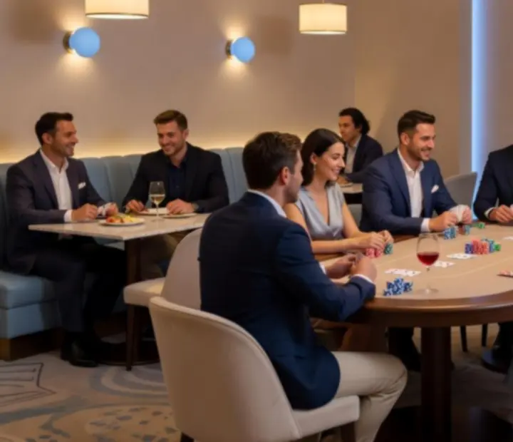 Hosté u stolu během večerního offline pokerového setkání v restauraci Vltavera