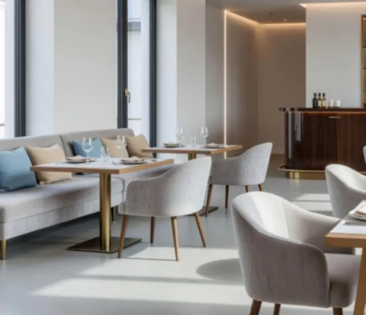 Moderní interiér restaurace Vltavera s elegantním sezením a decentním lounge osvětlením.
