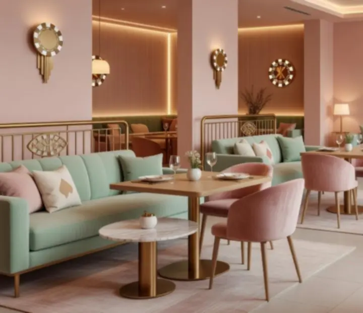Interiér restaurace Vltavera se stylovou atmosférou a pohodlným sezením.