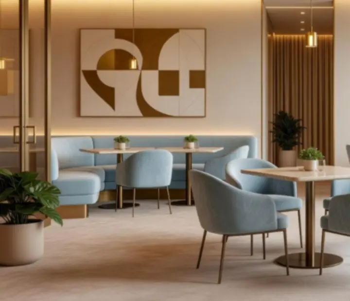 Moderní světlý interiér restaurace Vltavera v elegantním lounge stylu