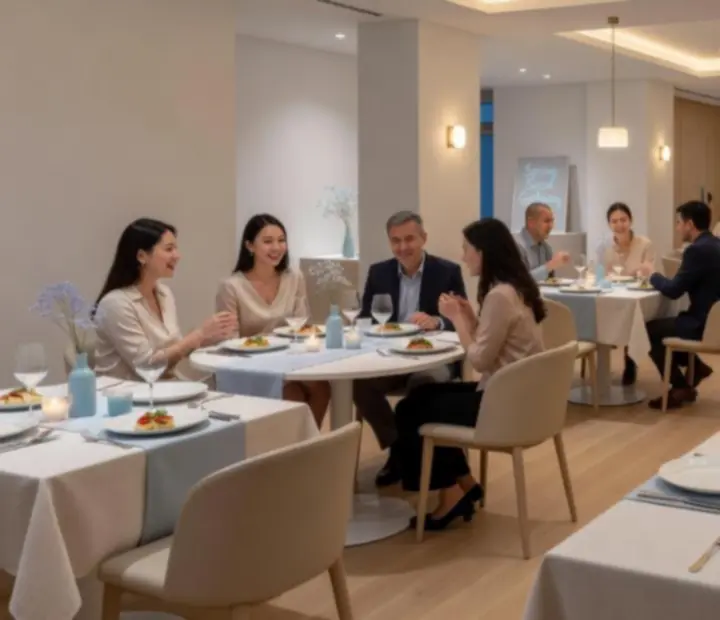Tematický večer v restauraci Vltavera s elegantně nasvícenými stoly a moderním gastronomickým servisem.